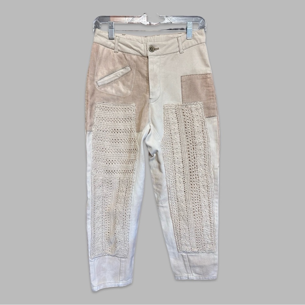 Free People Women Pretty Lies Cream Tan Patchwork Crochet  Harem Pants Sz 0 - Picture 2 of 6